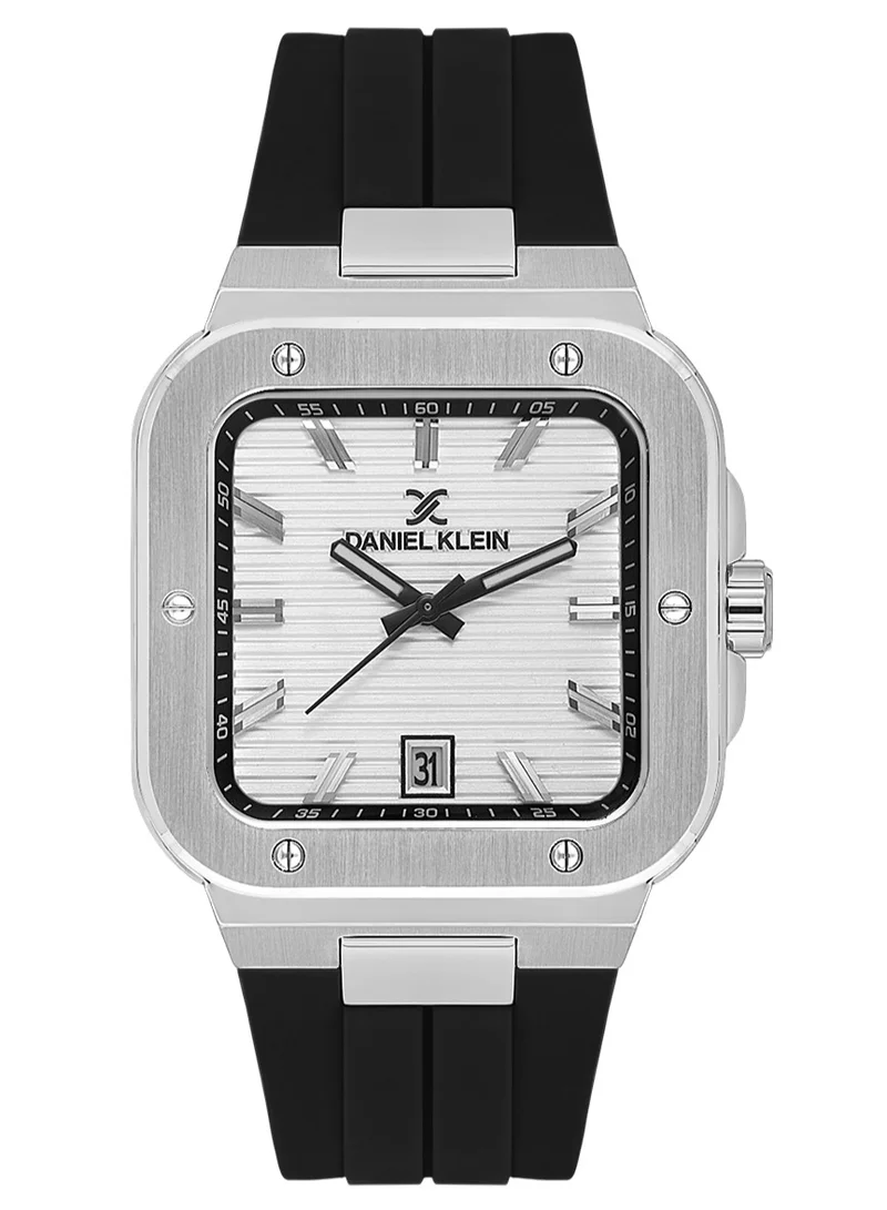 DANIEL KLEIN Men's Silicone Band Silver Brass Case Analog Silver Square Emboss Dial Japanese Quartz Premium 50 Meters Water Resistant